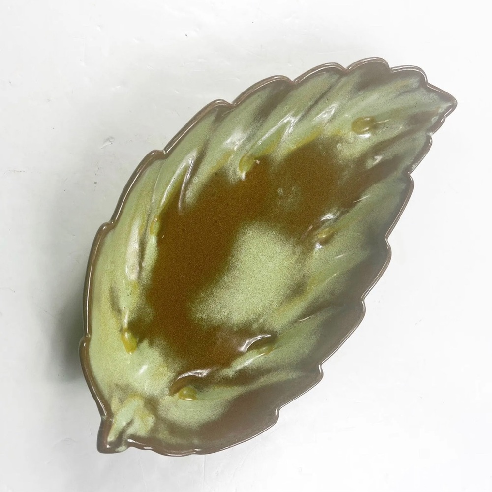 Vintage frankoma Pottery Plainsman Prairie Green 12” Footed Leaf Bowl Dish